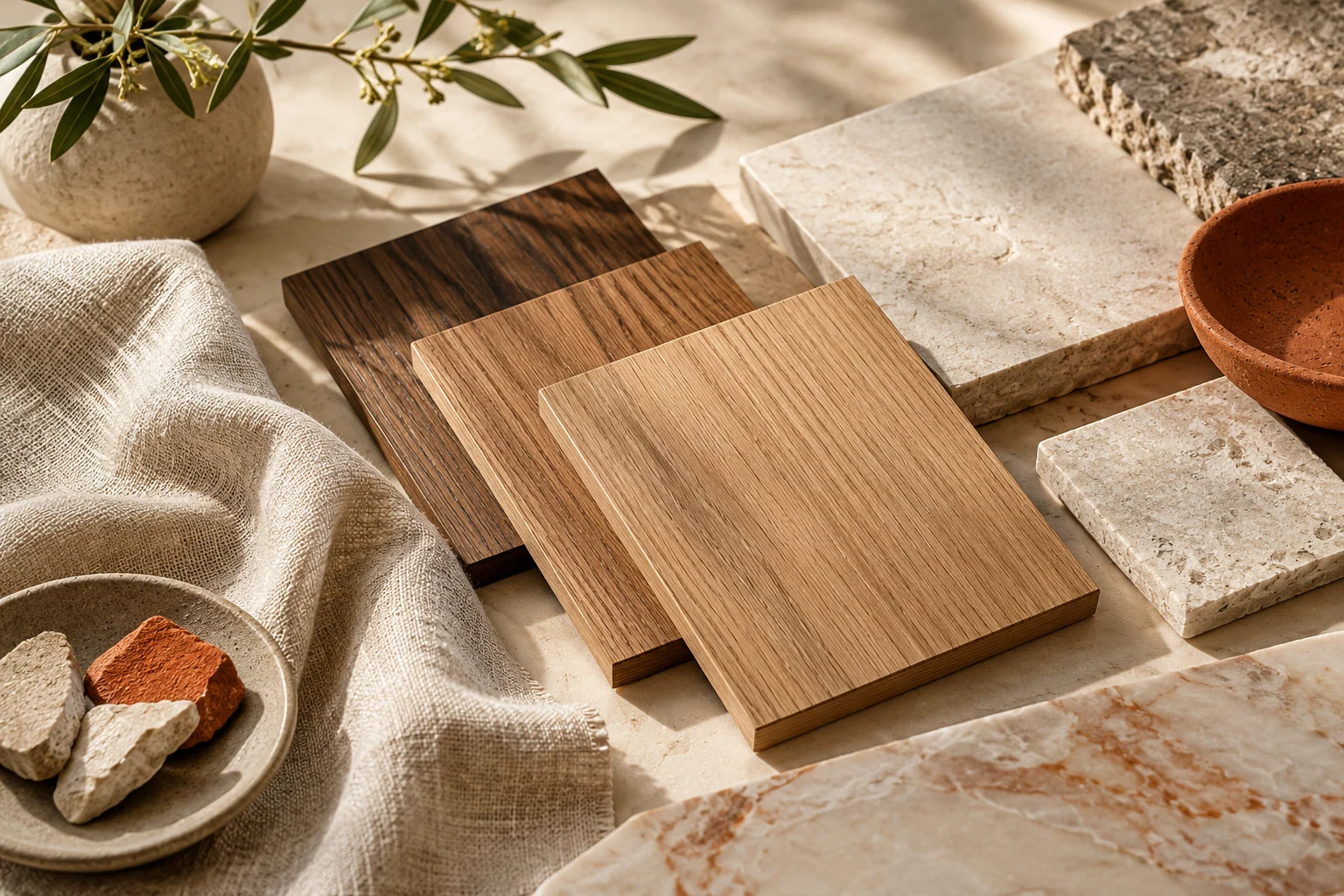 AI-created editorial illustration: Oak cabinet finish samples, a linen swatch and stone pieces on a warm cream worktable, natural raking light.