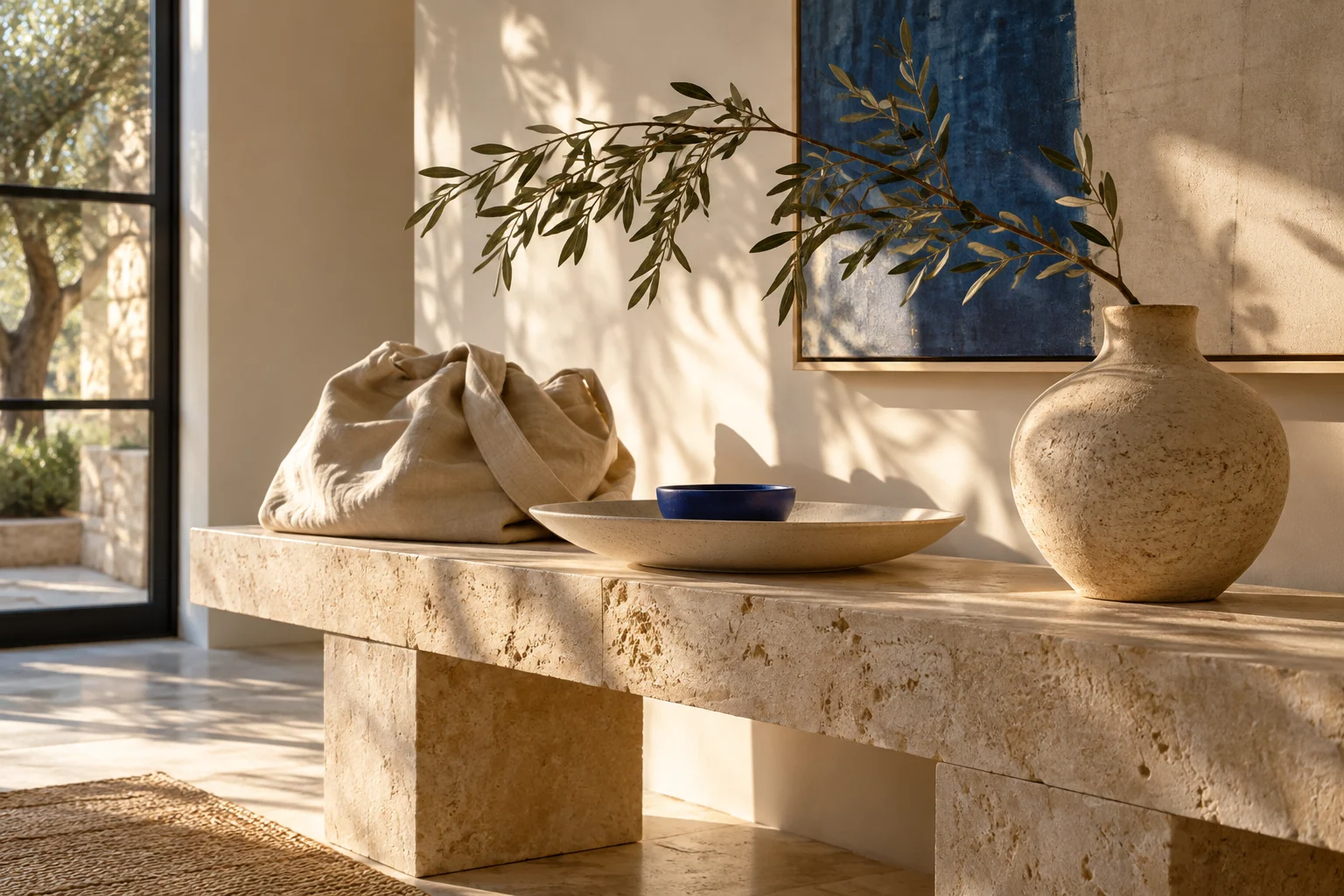 AI-created editorial illustration: A limestone entry table with a linen bag, ceramic tray and a single branch, warm early light.