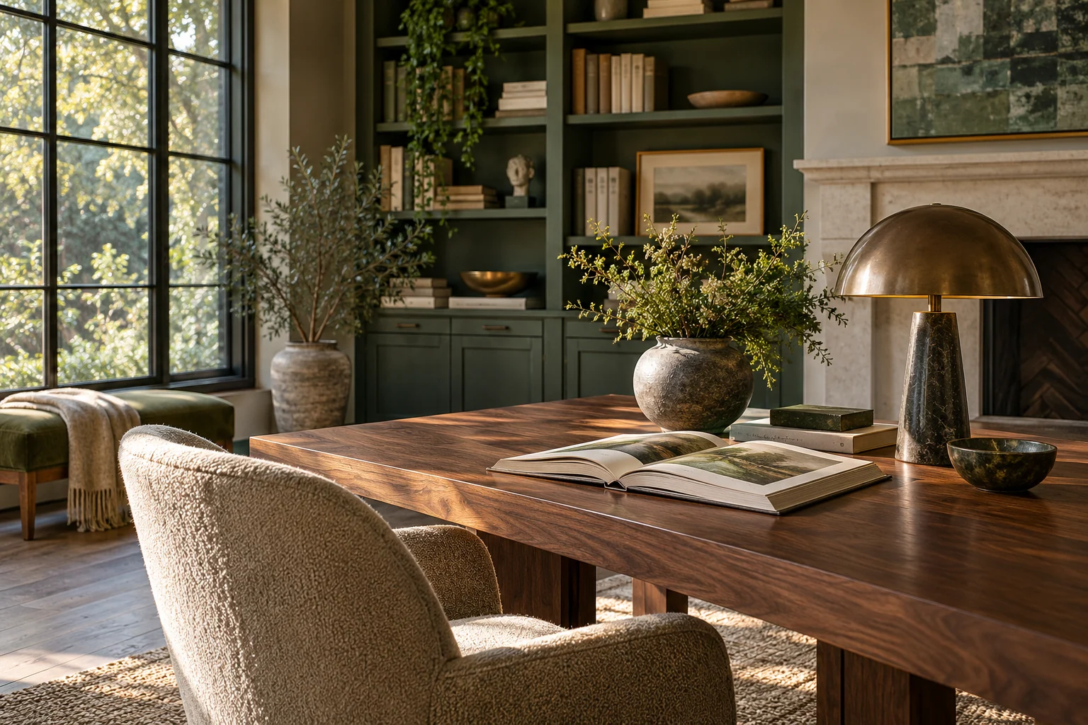 AI-created editorial illustration: A beautifully detailed independent reading room with a walnut table, open book and sculptural lamp.