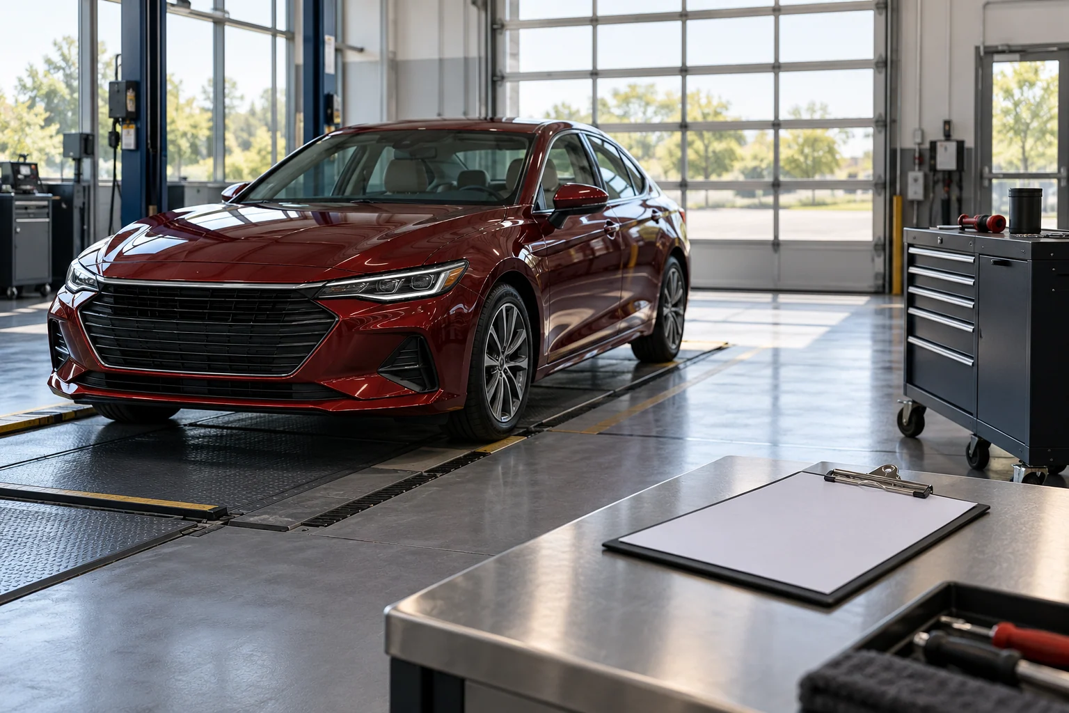 AI-created editorial illustration: Empty modern automotive inspection bay with a dark-red sedan, a plain closed clipboard and a neat wheeled tool cabinet, cool professional daylight, no logos or readable writing.