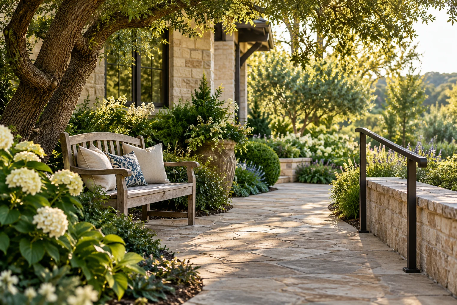 AI-created editorial illustration: A peaceful shaded garden seating area inspired by North Texas homes, a comfortable bench and a discreet sturdy handrail beside a level path, soft late-afternoon light.
